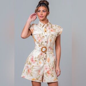 Floral Denim Utility Romper with Wooden Belt - A. Peach